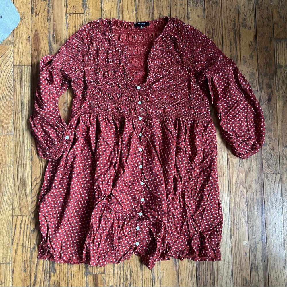 red floral smocked dress